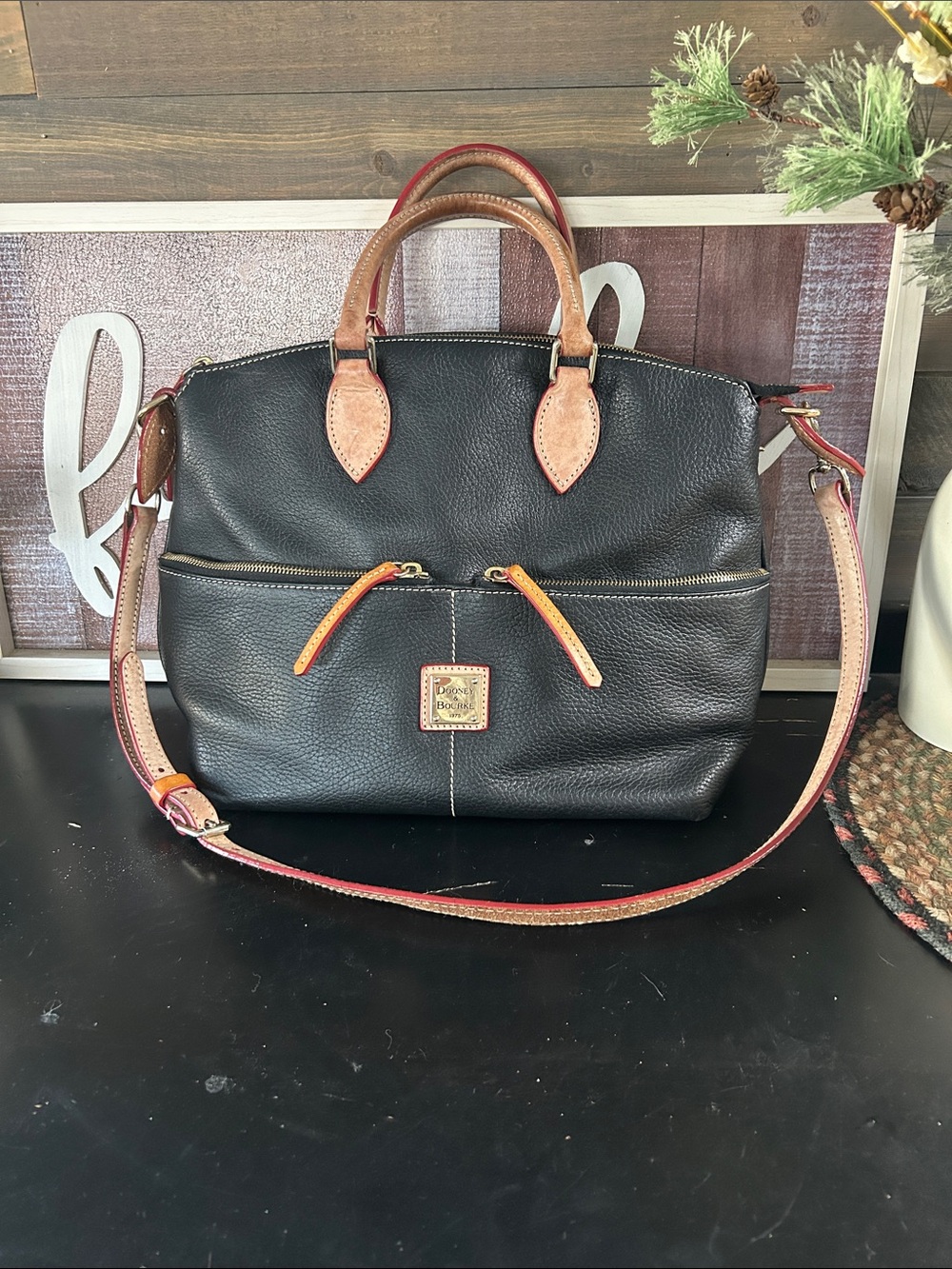 Dooney & Bourke Black Leather Messenger with Tan Trim
